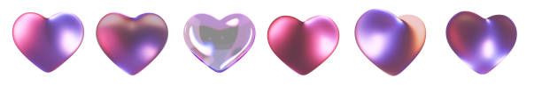 Set of 3d transparent glossy hearts with dispersion effect. Rainbow colors reflection glass. 3d glass cube box with crystal dispersion effect. Abstract empty glassy square with prism holographic