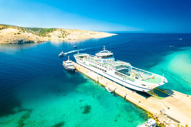 Lopar ferry harbor on Rab island aerial view, archipelago of Croatia