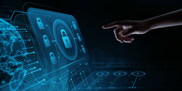 istock Hand touching a digital virtual screen with a lock icon. Cyber Security and Data Protection concept 2164022223