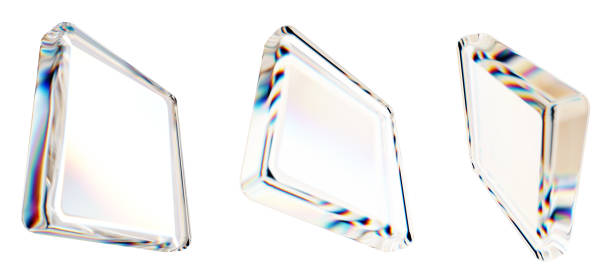 Set of 3d transparent glossy cubes with bubble inside. Rainbow colors reflection glass. 3d glass cube box with crystal dispersion effect. Abstract empty glassy square with prism holographic