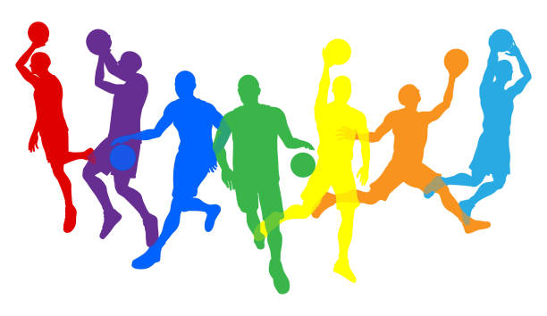 Basketball Silhouette Players Player Silhouettes Silhouette basketball player set. Active sports people healthy players fitness silhouettes concept. silhouette of basketball player slam dunk stock illustrations