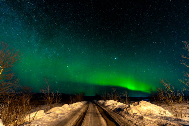 A road with a green sky above it. The sky is filled with stars and a green aurora