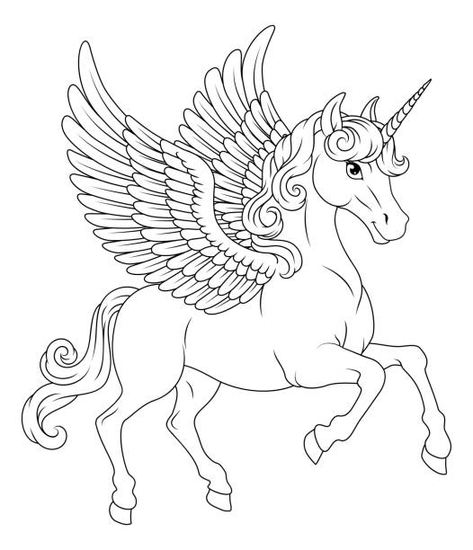 Pegasus Unicorn Wings Horn Horse Animal Cartoon Unicorn Pegasus horse with wings and horn cartoon mythological animal from Greek myth illustration pony wings stock illustrations