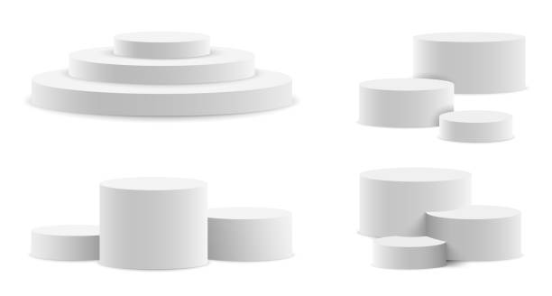 istock Pedestal and platform, stand stage, cylinder. Round empty stages and podium stairs 3d template. Set realistic podium 2164030972