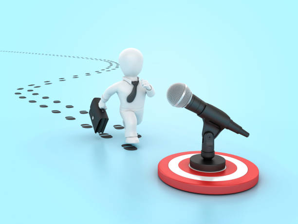 Microphone on Target with Cartoon Business Person Running - Colored Background - 3D Rendering