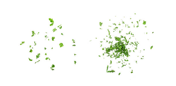 Dry parsley pile isolated. Crushed cilantro leaves heap, dried garden parsley, chervil flakes, corriender pileces Dry parsley pile isolated. Crushed cilantro leaves heap, dried garden parsley, chervil flakes, corriender pileces on white background top view parsley stock pictures, royalty-free photos & images