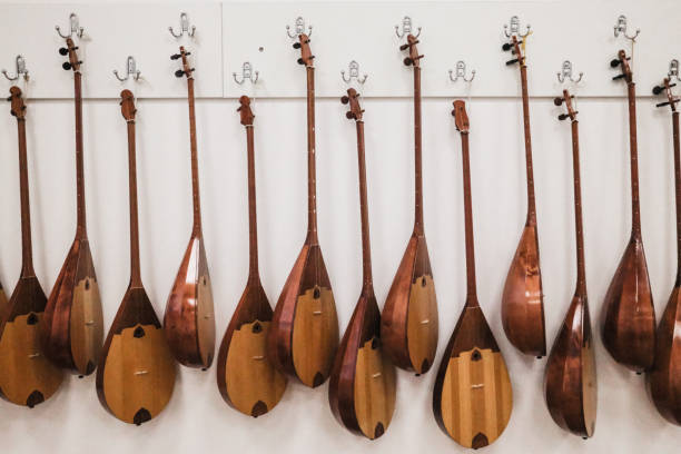 musical string instrument dombra on a white wall