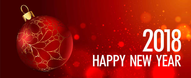 istock Happy New Year vector greeting card gold Christmas ball on red background 2164035037