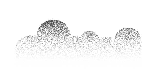 Grain sand texture pattern. Noise ripple background. Dot stipple circle shapes, black noise dotes, grainy effect. Vector illustration isolated on white. Abstract mountains, clouds, trees.
