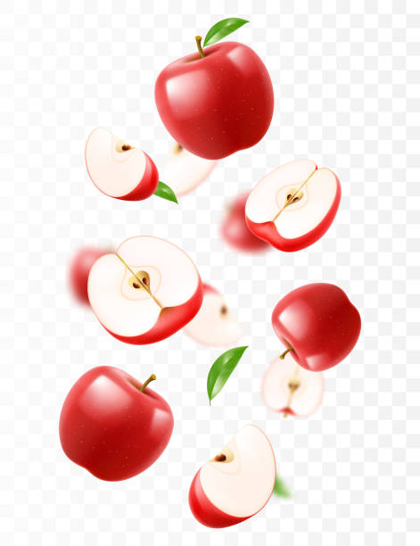 istock Flying red juicy apples. Bright advertising background falling red apples, realistic with blurred effect. 3d vector illustration 2164042468