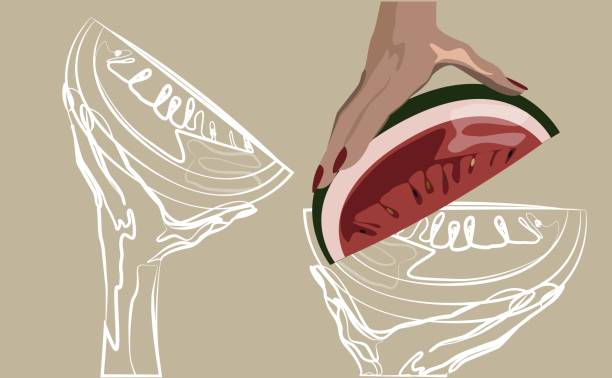 istock Sketches of triangle shape watermelon pieces with full color illustration of the same. Colorful background. 2164048533