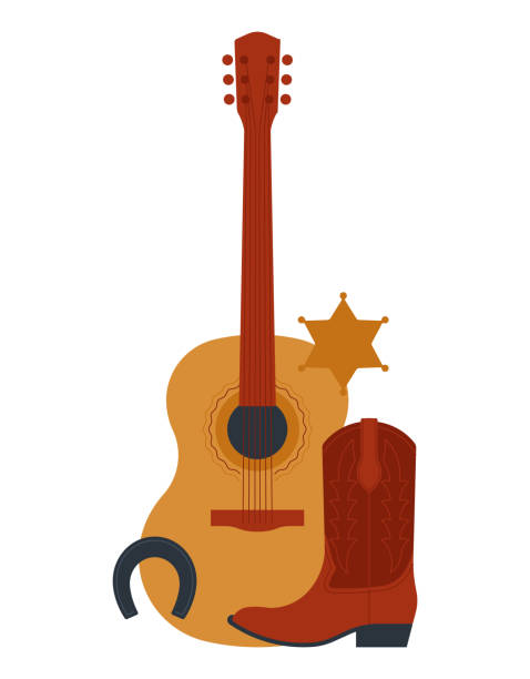 ilustrações de stock, clip art, desenhos animados e ícones de wild west composition - sheriff star, cowboy boot spurs, guitar, horseshoe. simplicity and quiet illustration related with westerns, cowboy aesthetic and american frontier. vector, objects, isolated - musica sertaneja