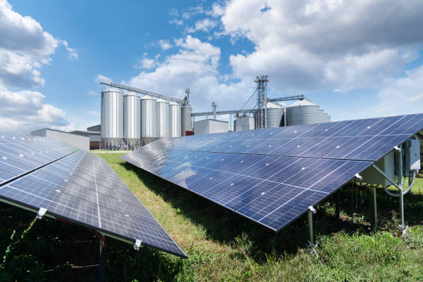 istock Modern farm using renewable energy. Solar panels with silos in the background 2164053167