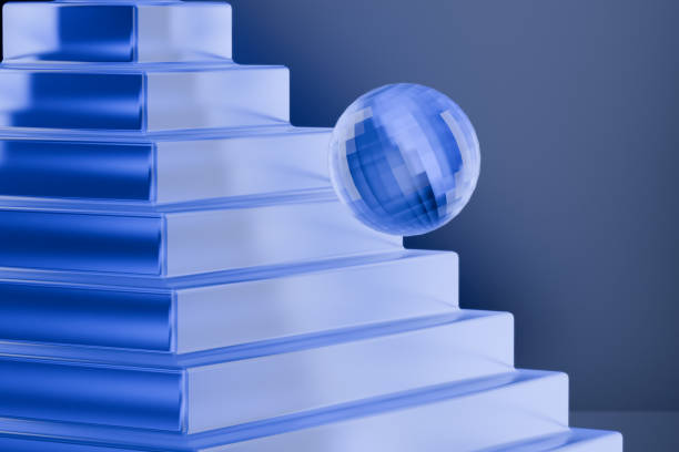 A glass sphere on a staircase in a blue-toned abstract setting. 3d rendering