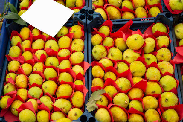 Boxes of fresh commons figs, presented for sale, top view