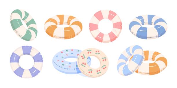 Set of inflatable swimming rings for swimming in pool or sea. Vector illustration in monochrome colors with pattern of stripes, polka dots, cherries on white isolated background.