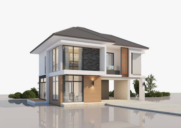 istock Architecture 3d rendering illustration of modern minimal house on white background 2164077194