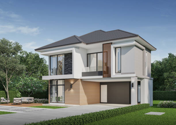 istock Modern house exterior day light with lawn grass.3d rendering 2164077197