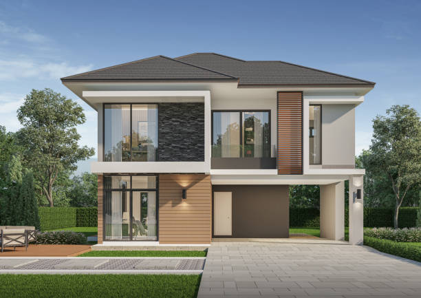 istock Modern house exterior day light with lawn grass.3d rendering 2164077198