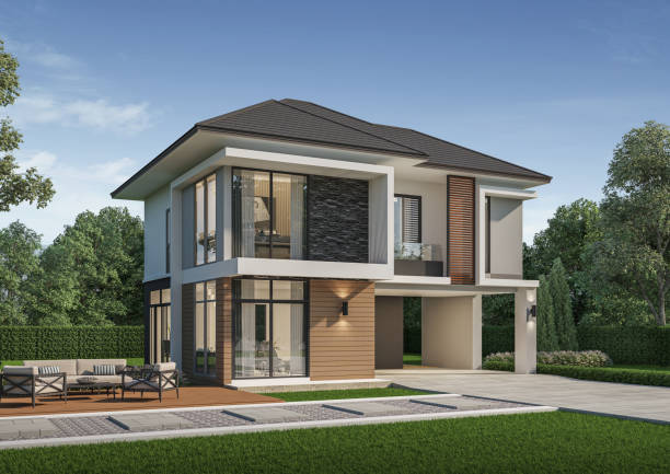 istock Modern house exterior day light with lawn grass.3d rendering 2164077199