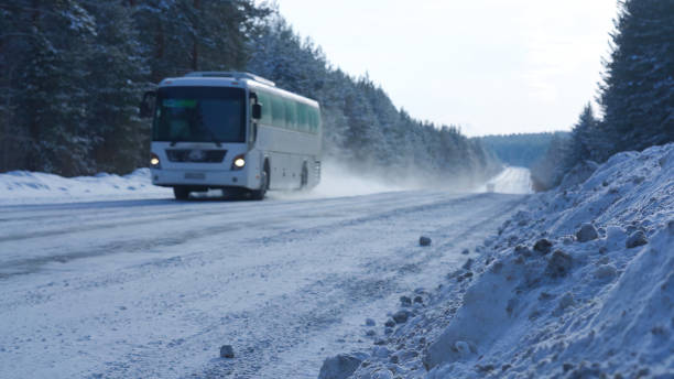 istock Bus on winter road, heavy snowfall. 2164078848