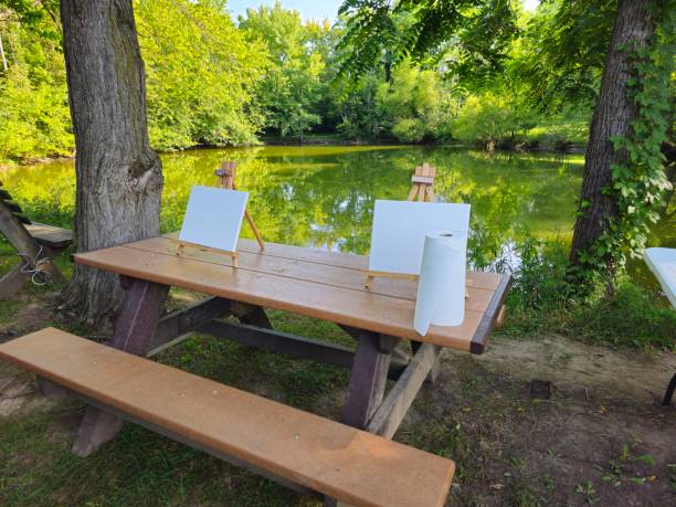 Picnic table outside with setup for  painting class by lake