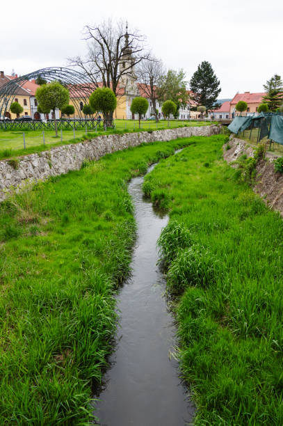 A small creek flows through a town, bordered by grassy banks and stone walls. The scene includes neatly trimmed trees and quaint buildings, adding charm to this peaceful and picturesque setting.