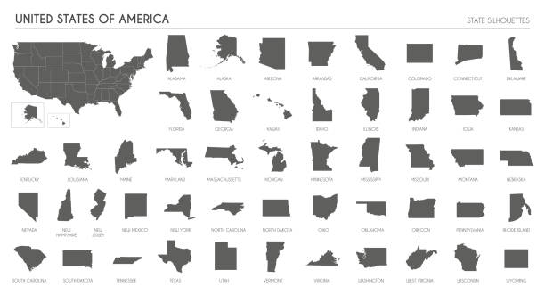 USA region silhouettes set and blank map of the country isolated on white background. Vector illustration design