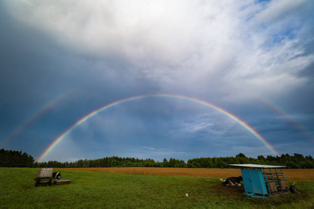 istock Two rainbows after a storm over a pasture, with cows, a watering hole, a feeding trough. 2164080772