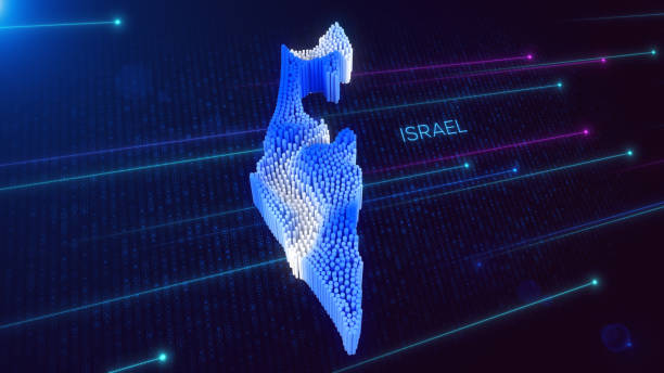 istock Digital 3D Perspective Dynamic Rippling Map of Israel in Blue and White, Set Against Dark Futuristic Background 2164082902