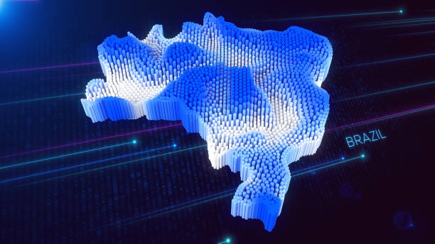 Digital 3D Perspective Dynamic Rippling Map of Brazil in Blue and White, Set Against Dark Futuristic Background