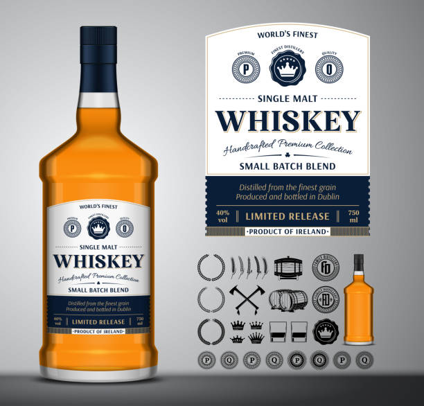 vector whiskey label. glass bottle mockup. whiskey icons, badges, insignia - whiskey stock ilustrace