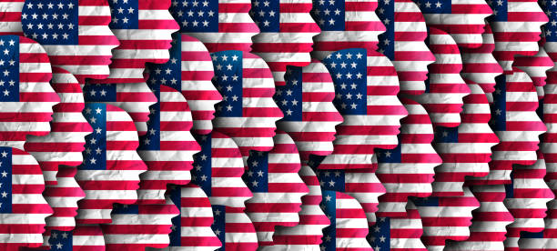 US citizens and American people or United States immigration as a border security political issue and US population as a group of Americans with the USA  flag representing voters and citizenship.