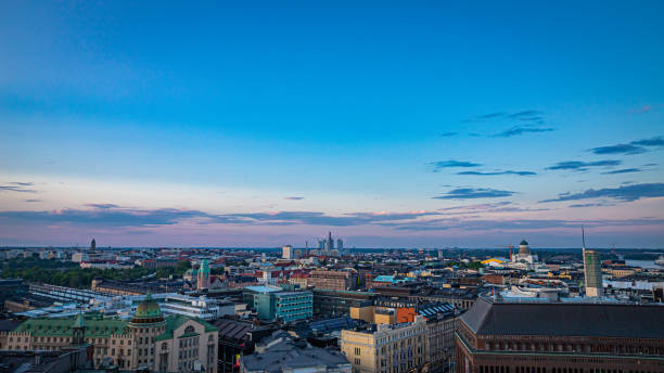 June 2024. Helsinki, Finland. An aerial view over the city by evening light.