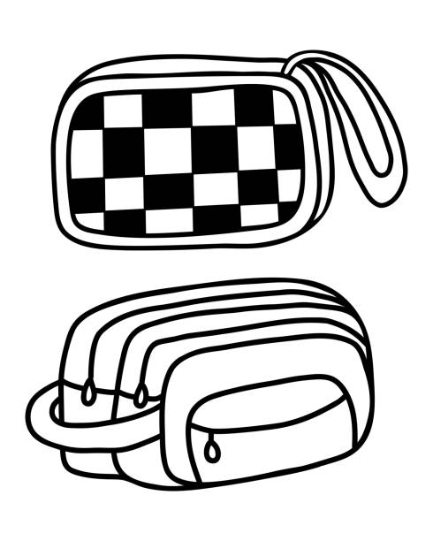 School pencil case, bag, cosmetic bag. Outline hand drawn doodle. Stationery, school accessories, educational items. Vector isolated drawings School pencil case, bag, cosmetic bag. Outline hand drawn doodle. Stationery, school accessories, educational items. Vector isolated drawings. cosmetic bag clip art stock illustrations