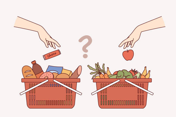 istock Carts with purchases from grocery supermarket, concept choosing between healthy eating and junk food 2164095601