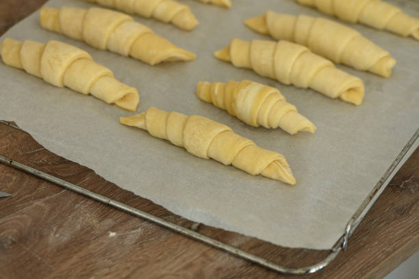Close up croissant dough with egg wash