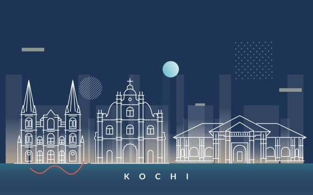 Kochi city Skyline with Famous Places - Stock Illustration Kochi city Skyline with Famous Places - Stock Illustration as EPS 10 File cochin kerala india chinese fishing net stock illustrations