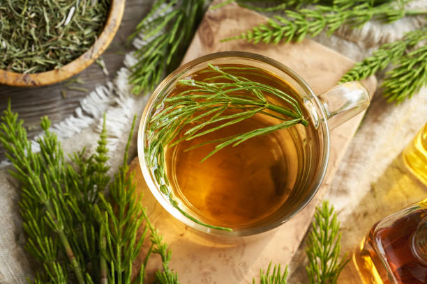 istock Horsetail tea in a glass cup 2164100194