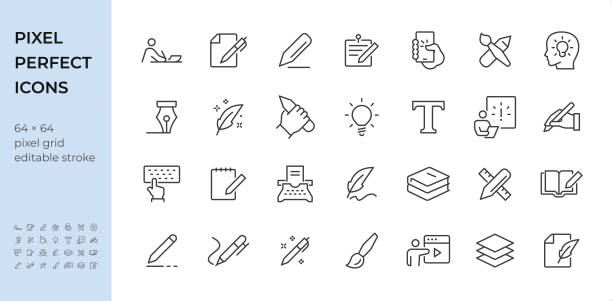 Writing icon set. Editable stroke weight. Pixel perfect icons. Writing icons set #60
Specification: 28 icons, 64×64 pх, EDITABLE stroke weight! Current stroke: 2 px.
Features: Pixel Perfect, Unicolor, Editable Weight, thin line.
First row of icons contains:
Writing - Activity, List & Pen, Editor, Notes, Mobile App (Using Phone), Paintbrush & Pencil, Brainstorming;
Second row contains:
Nib, Quill pen, Pencil in Human Hand, Idea, Typescript, Presentation, Handwriting;
Third row contains:
Hand typing on keyboard, Note pad and Pencil, Typewriter, Feather with ink, Books, Crossed Ruler and Pencil, Open Book & Pencil;
Fourth row contains:
Pencil, Ballpoint Pen, Pen, Brush, Paper Stack, Presentation, List & Feather.
Check out the complete Longico collection — https://www.istockphoto.com/collaboration/boards/B3ZTCOklz0OehrbTdIg_Tg person writing on notepad stock illustrations