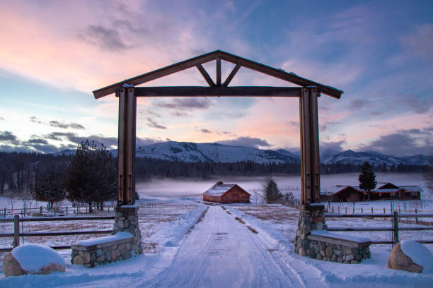 Old Wooden Barn at the Edge of an Evergreen Forest at Dusk - Methow Valley, Washington, USA (Winter)