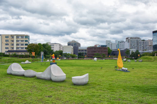 Seoul, Korea - July 27th 2024, The new Seoul Hot place, Songhyeon-dong Park near Gyeongbokgung palace exhibiting fine artworks Downtown Seoul Korea.