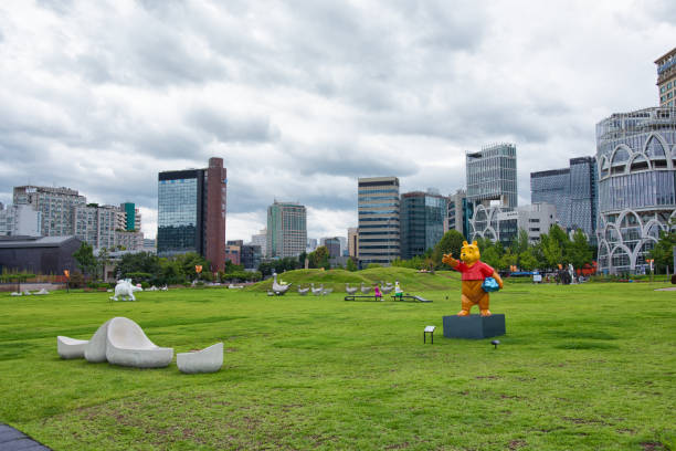 Seoul, Korea - July 27th 2024, The new Seoul Hot place, Songhyeon-dong Park near Gyeongbokgung palace exhibiting fine artworks Downtown Seoul Korea.