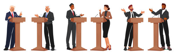 Diverse Group Of Politicians Passionately Debating On Public Stage. Multiracial Male Female Characters Speaking Diverse Group Of Politicians Passionately Debating On Public Stage. Multiracial Male Female Characters Speaking While Standing Behind Wooden Pedestals Or Tribunes. Cartoon People Vector Illustration man presenting white background stock illustrations