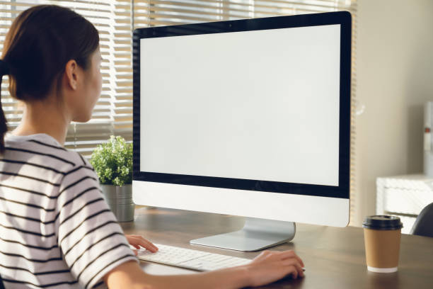 istock Businesswoman using computer and hand type on the keyboard, Mockup screen of advertisement. 2164118023