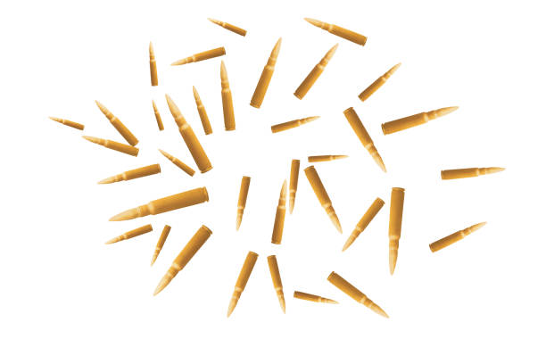 cartridges scatter in different directions isolate on white, war and the growth of military production