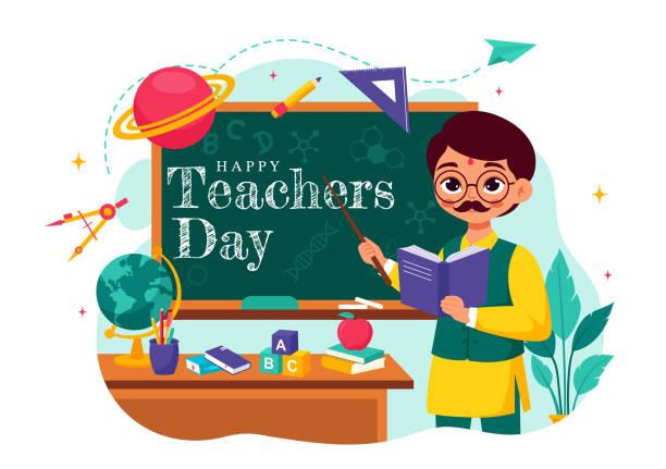 istock Happy Teachers Day in India Vector Illustration featuring Teacher Wearing Traditional Clothes and School Equipment in a Flat Cartoon Background 2164121207