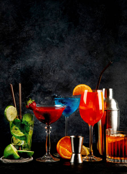istock Summer cocktail in glasses on a dark background. Bar delicious drinks 2164129236