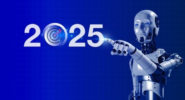 istock 3d rendering AI robot humanoid touching on 2025 calendar year numbers with target icon on dark blue background. Happy new year, Business growth and technology development with artificial intelligence. 2164130653