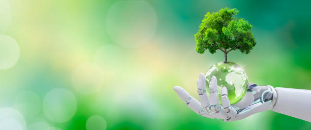 istock AI robot hand holds a globe crystal glass ball with a growing tree. 2164134265